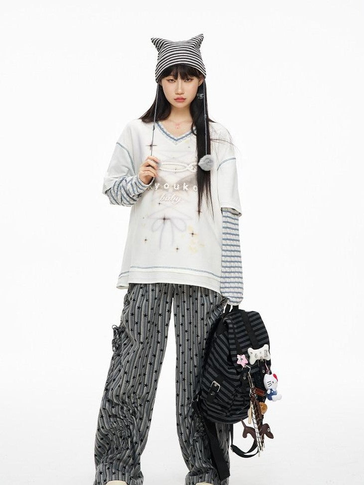 Kyouko Baby Blue Gray Striped Faux Layered Women's Other Material Long Sleeve T-shirts