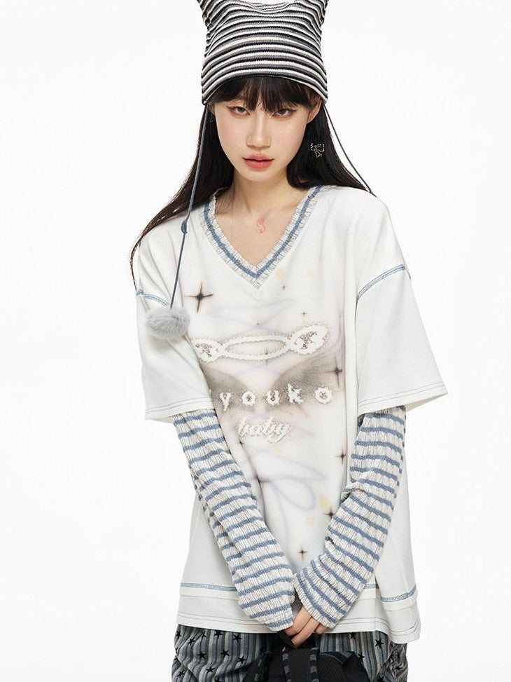 Kyouko Baby Blue Gray Striped Faux Layered Women's Other Material Long Sleeve T-shirts