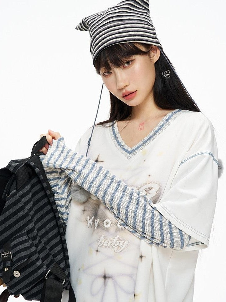 Kyouko Baby Blue Gray Striped Faux Layered Women's Other Material Long Sleeve T-shirts