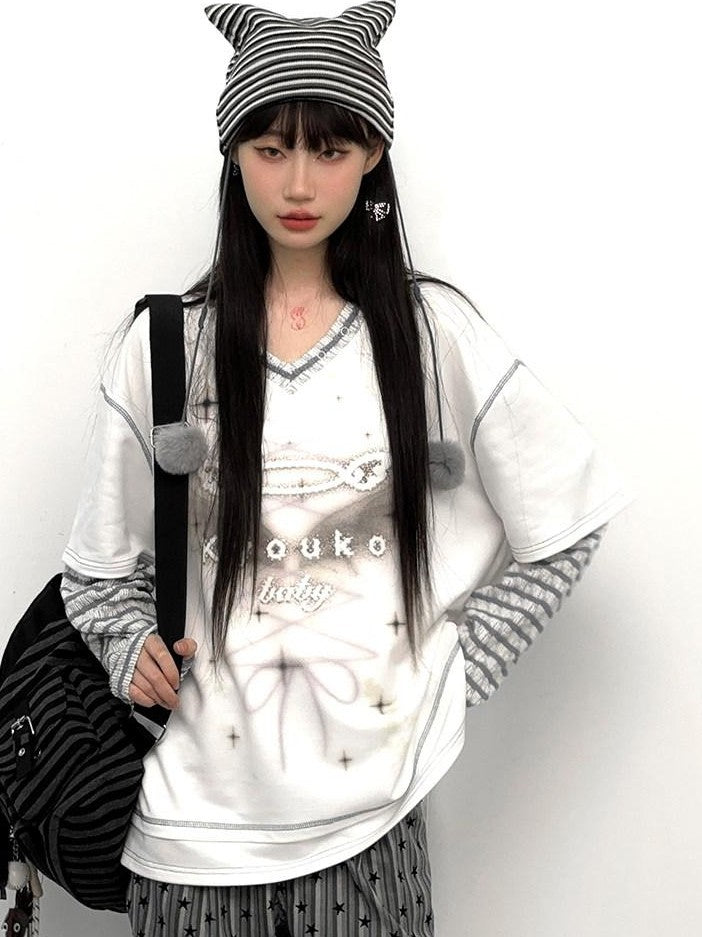 Kyouko Baby Blue Gray Striped Faux Layered Women's Other Material Long Sleeve T-shirts