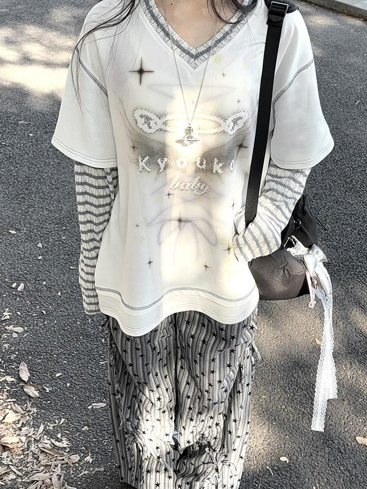 Kyouko Baby Blue Gray Striped Faux Layered Women's Other Material Long Sleeve T-shirts