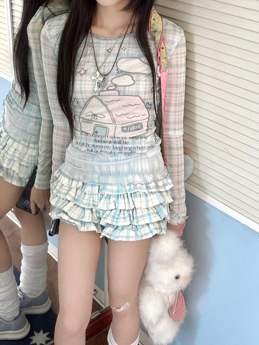 Kyouko Baby Bubble Blue House Longsleeve Top Cake Skirt Women's Matching Skirt Sets
