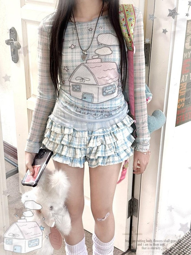 Kyouko Baby Bubble Blue House Longsleeve Top Cake Skirt Women's Matching Skirt Sets