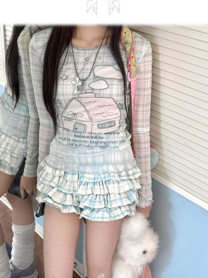 Kyouko Baby Bubble Blue House Longsleeve Top Cake Skirt Women's Matching Skirt Sets