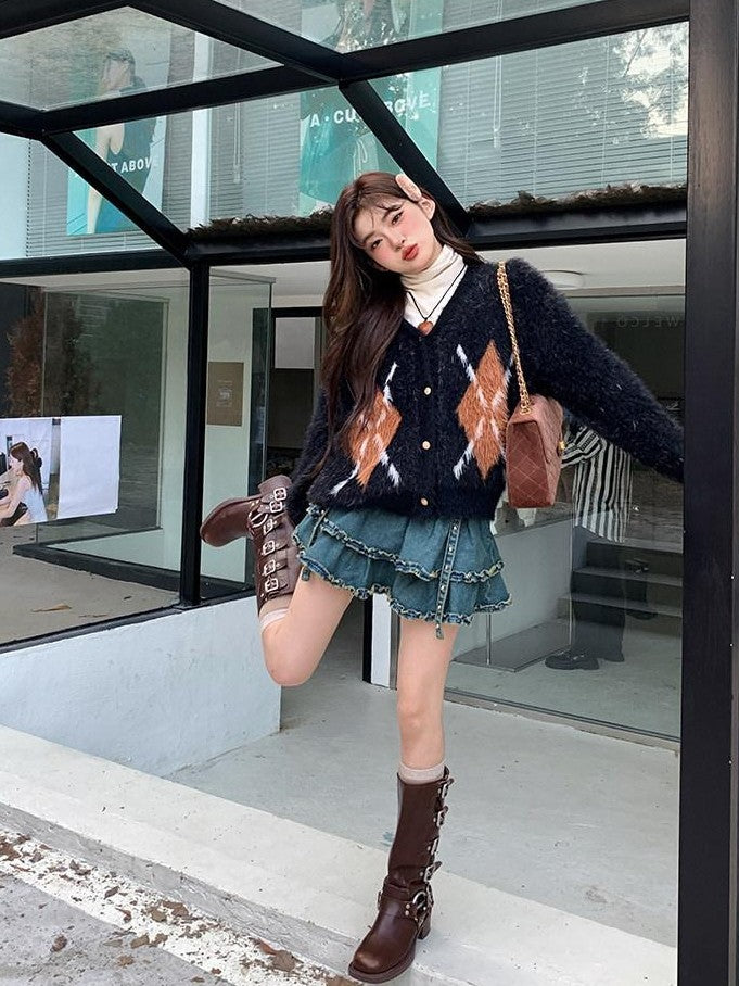 Kyouko Baby Denim Tiered Ruffle Cardigan Slimming Women's Knit Top & Skirt Sets
