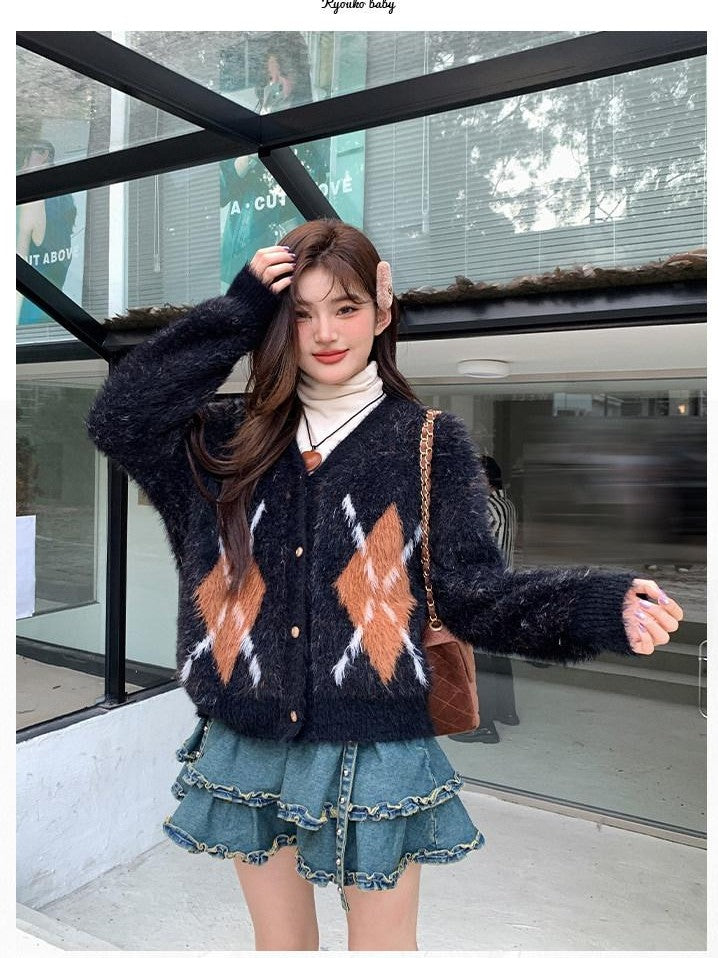 Kyouko Baby Denim Tiered Ruffle Cardigan Slimming Women's Knit Top & Skirt Sets