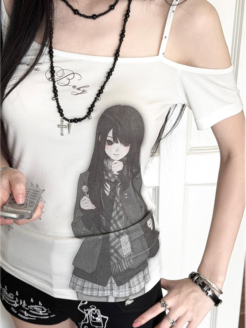 Kyouko Baby Doll Print One Shoulder Slim Women's Casual Top & Shorts Sets