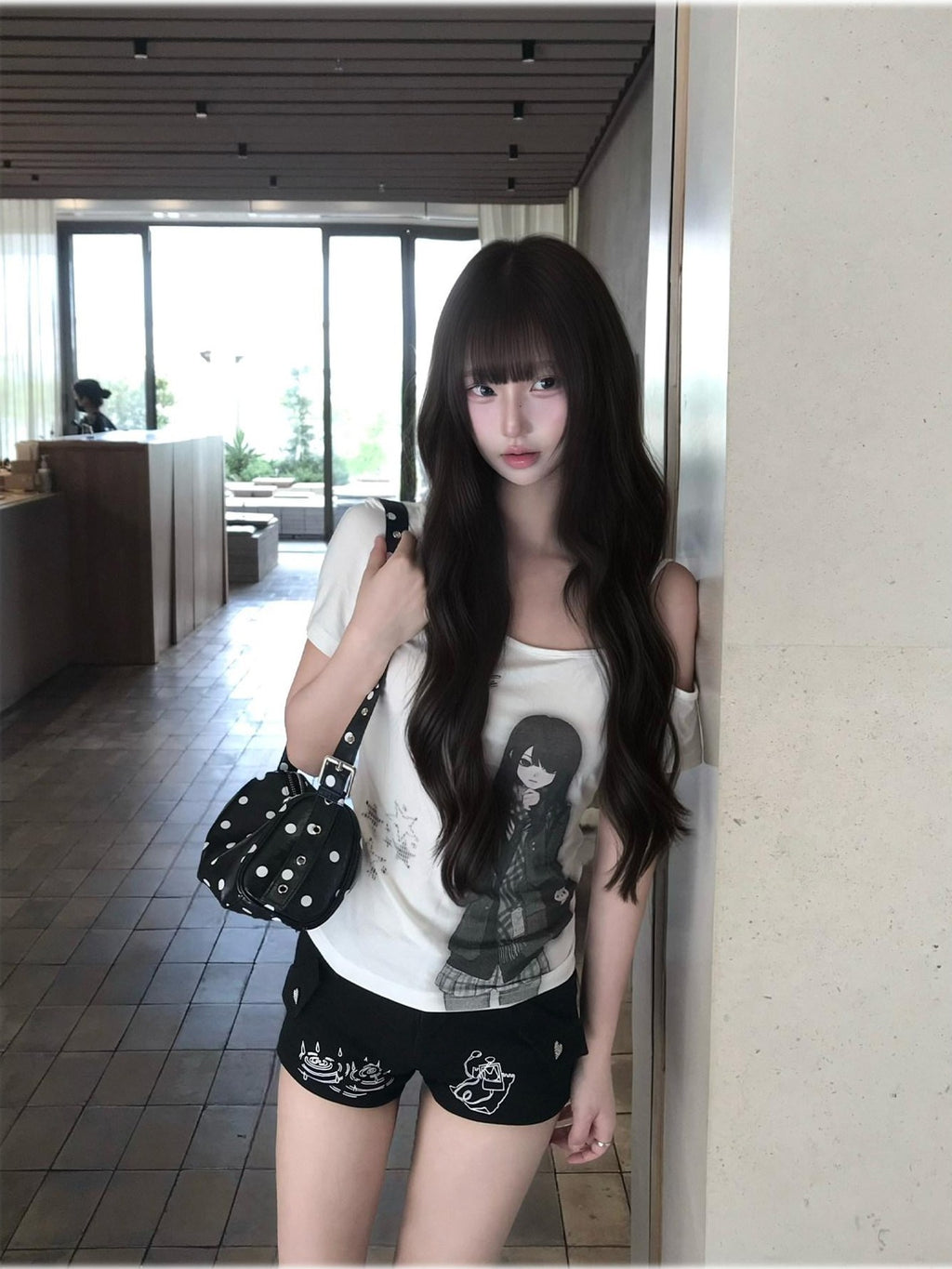 Kyouko Baby Doll Print One Shoulder Slim Women's Casual Top & Shorts Sets