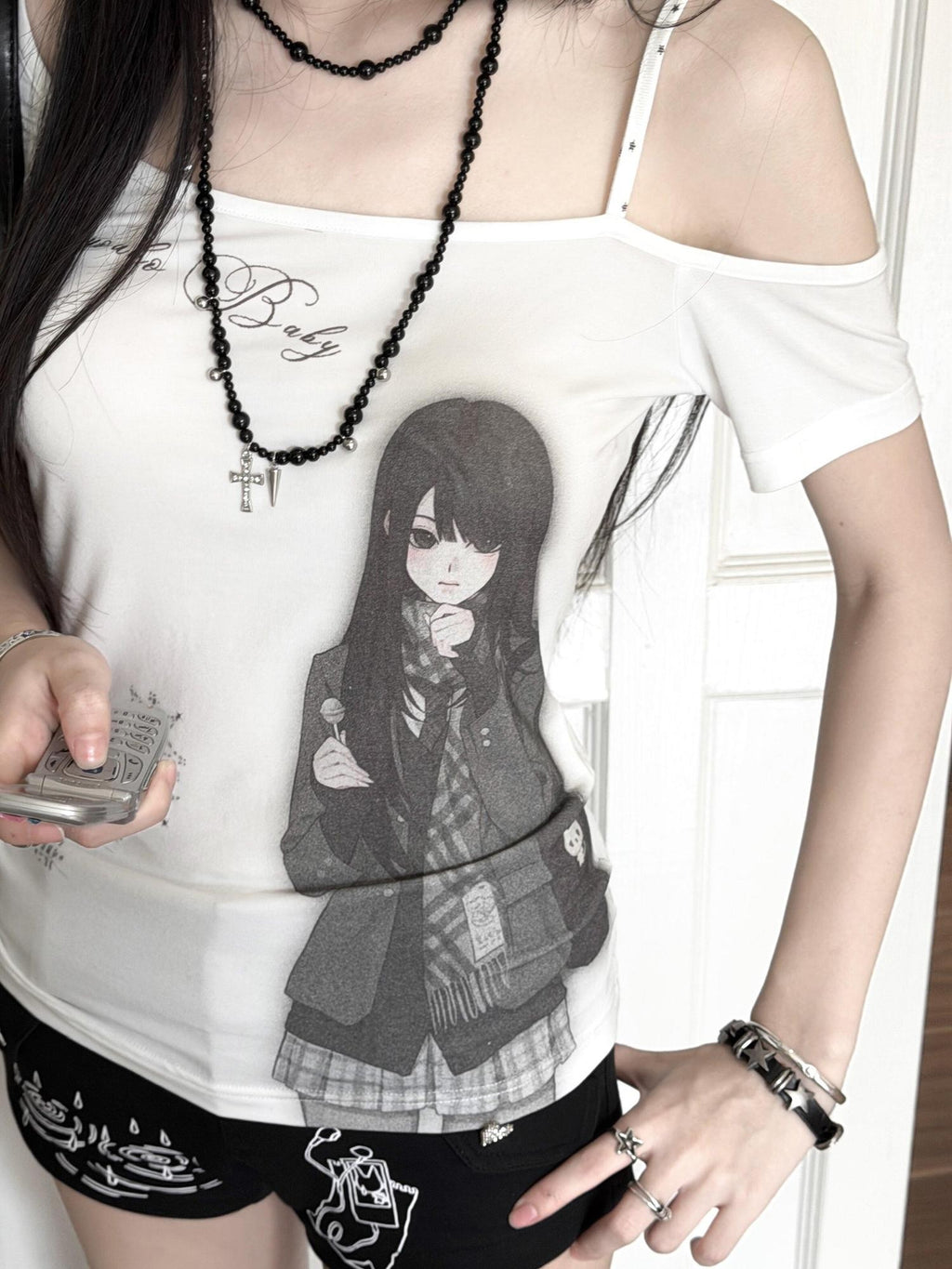 Kyouko Baby Doll Print One Shoulder Slim Women's Casual Top & Shorts Sets