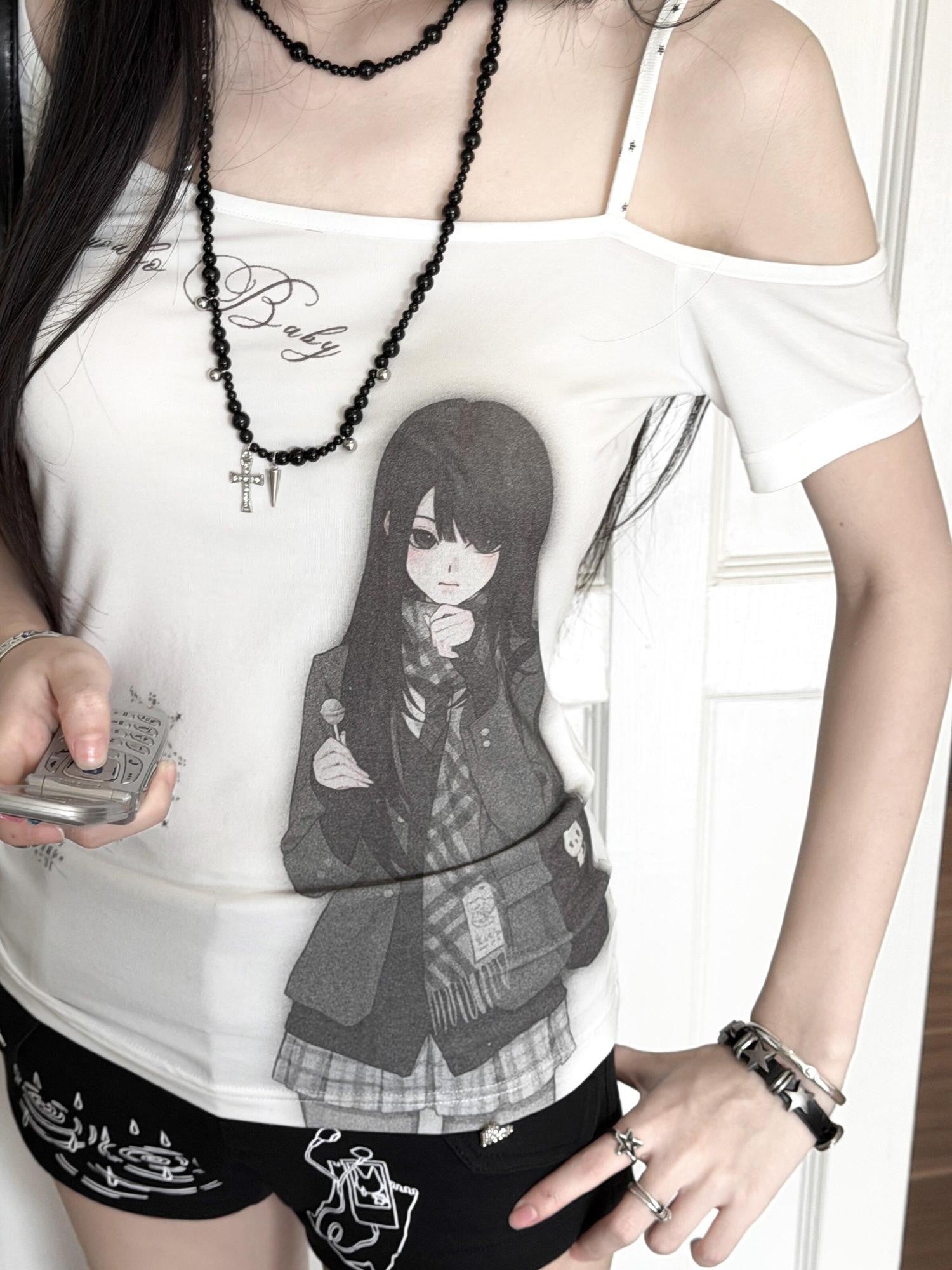 Kyouko Baby Doll Print One Shoulder Slim Women's Casual Top & Shorts Sets