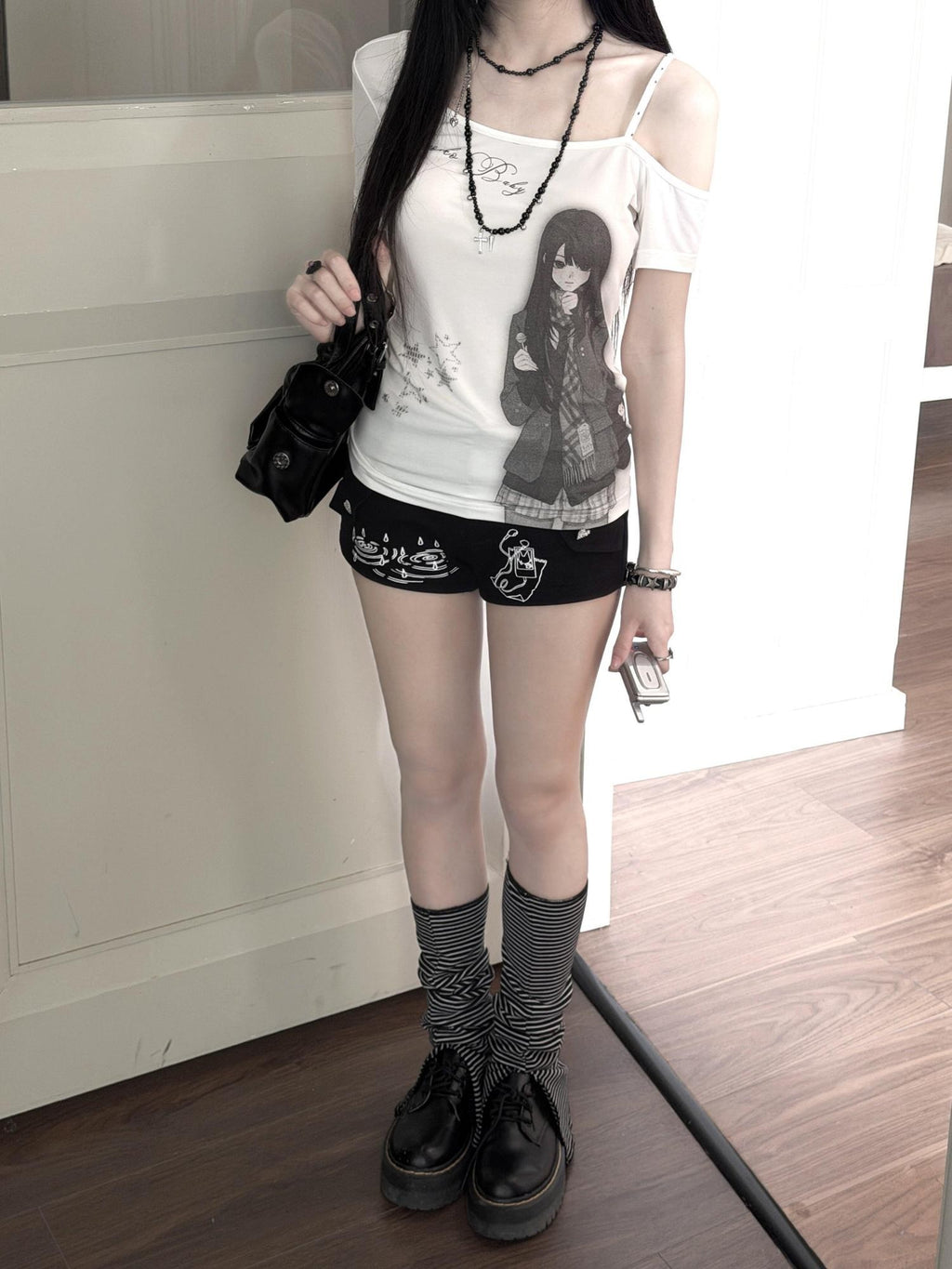Kyouko Baby Doll Print One Shoulder Slim Women's Casual Top & Shorts Sets