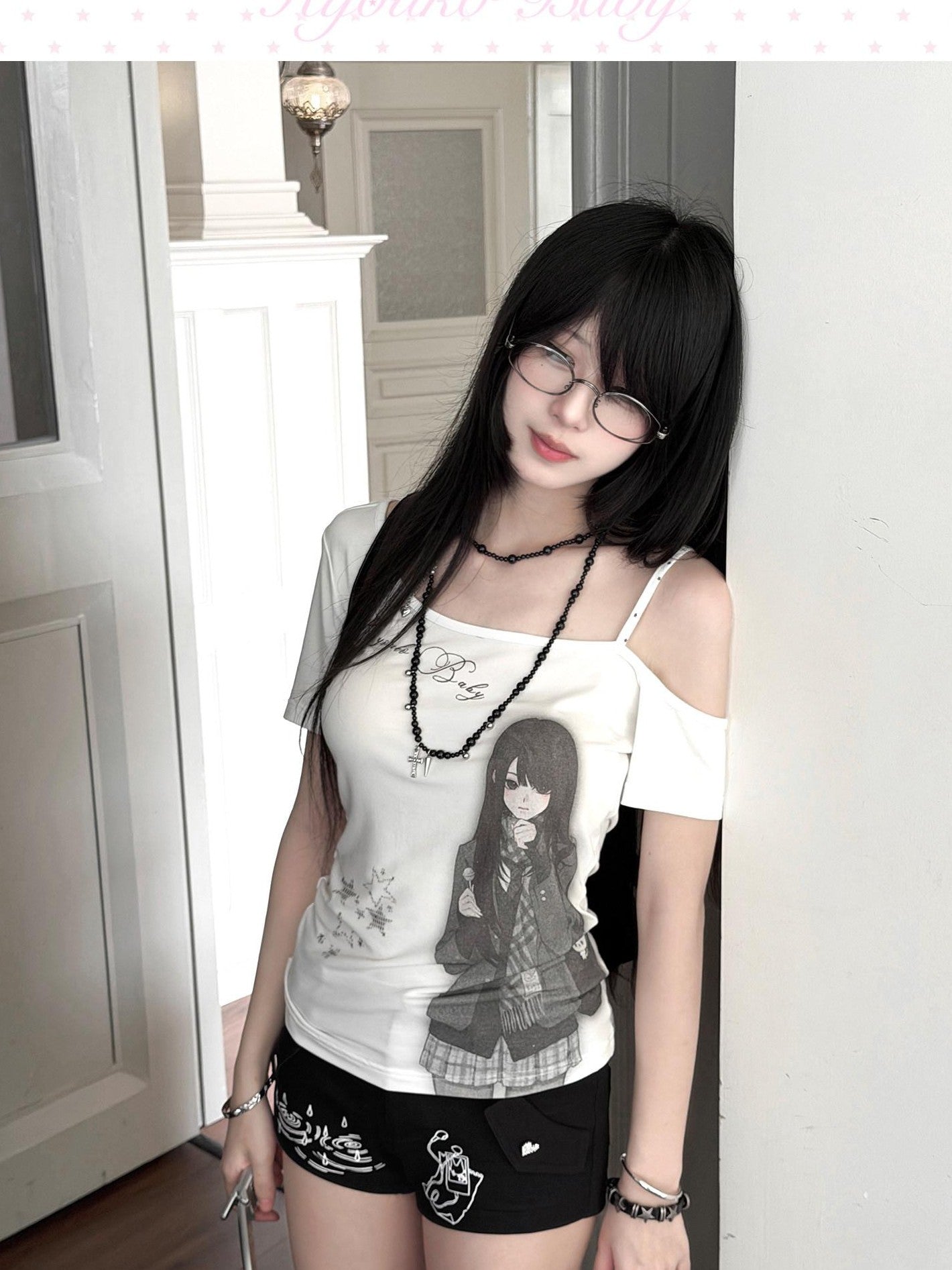 Kyouko Baby Doll Print One Shoulder Slim Women's Casual Top & Shorts Sets