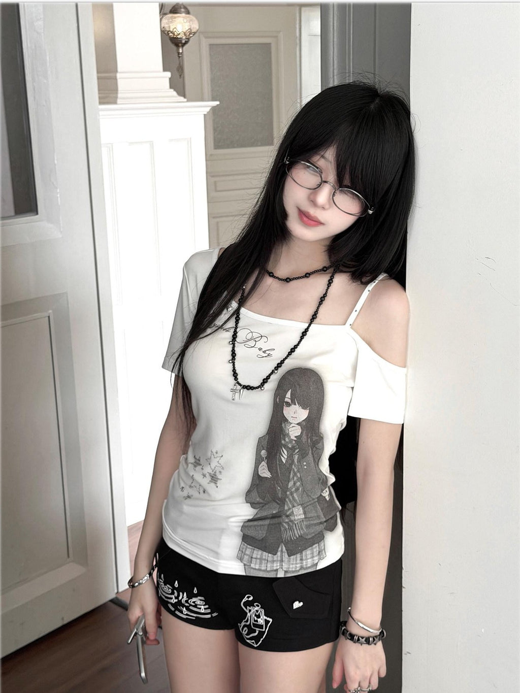 Kyouko Baby Doll Print One Shoulder Slim Women's Casual Top & Shorts Sets