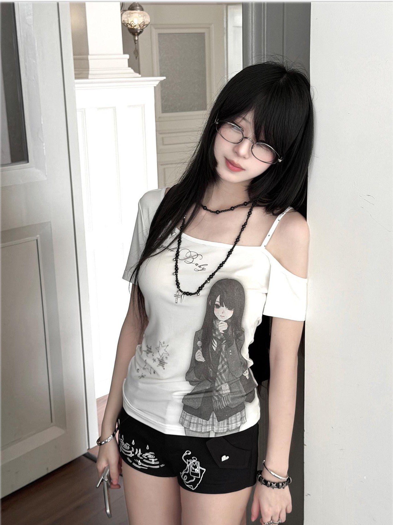 Kyouko Baby Doll Print One Shoulder Slim Women's Casual Top & Shorts Sets