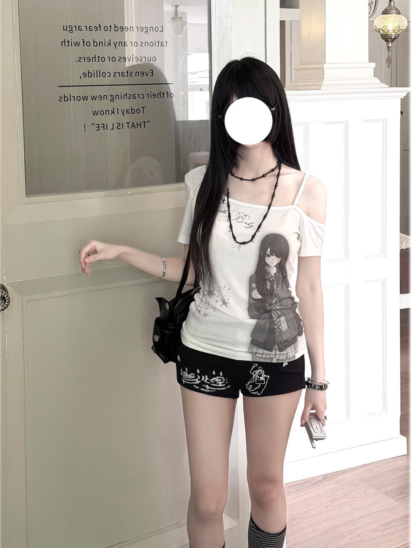 Kyouko Baby Doll Print One Shoulder Slim Women's Casual Top & Shorts Sets
