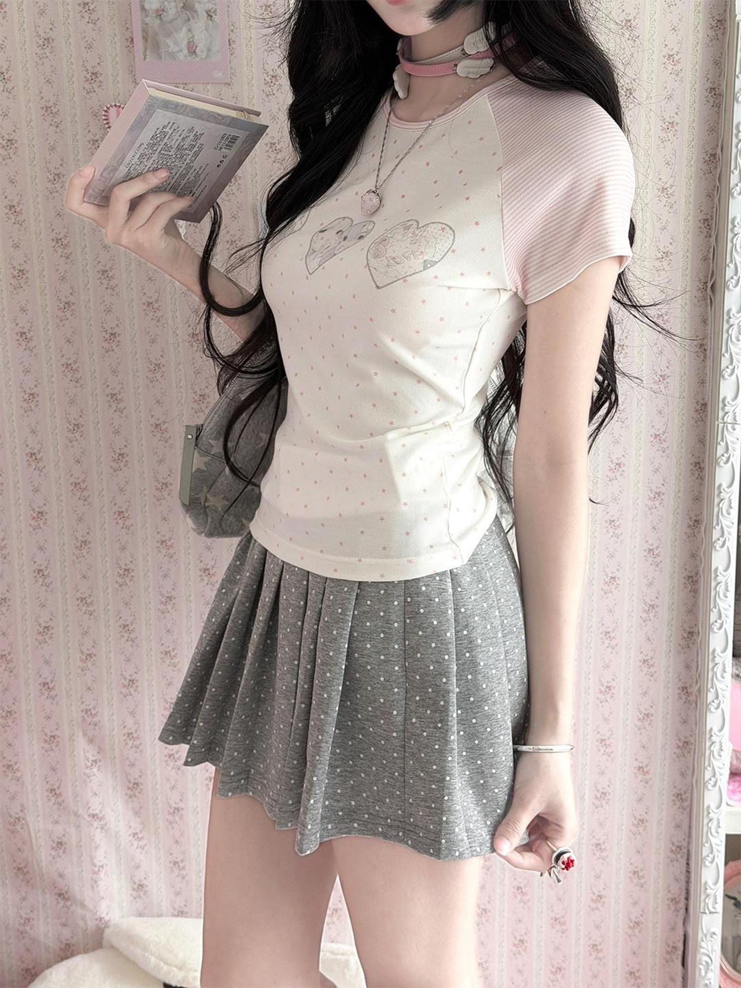 Kyouko Baby Doll Print Polka Dot Short Sleeve T Shirt Women's Matching Skirt Sets