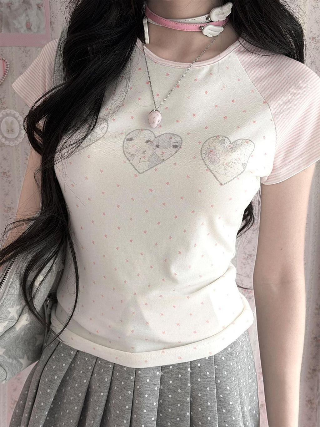 Kyouko Baby Doll Print Polka Dot Short Sleeve T Shirt Women's Matching Skirt Sets