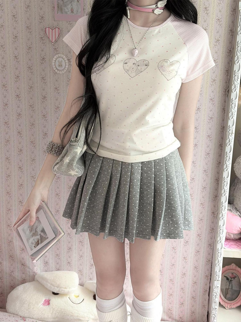 Kyouko Baby Doll Print Polka Dot Short Sleeve T Shirt Women's Matching Skirt Sets