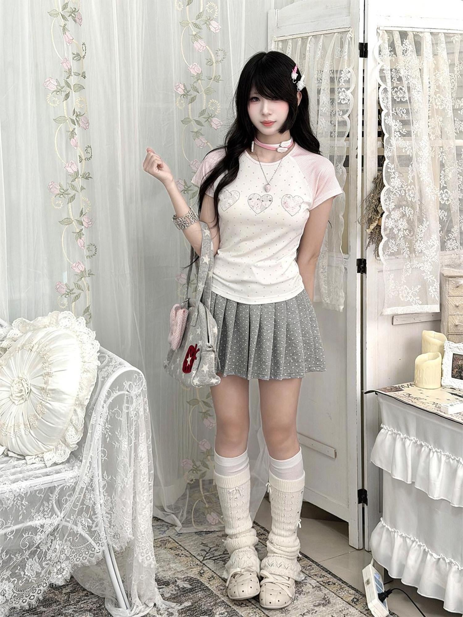 Kyouko Baby Doll Print Polka Dot Short Sleeve T Shirt Women's Matching Skirt Sets