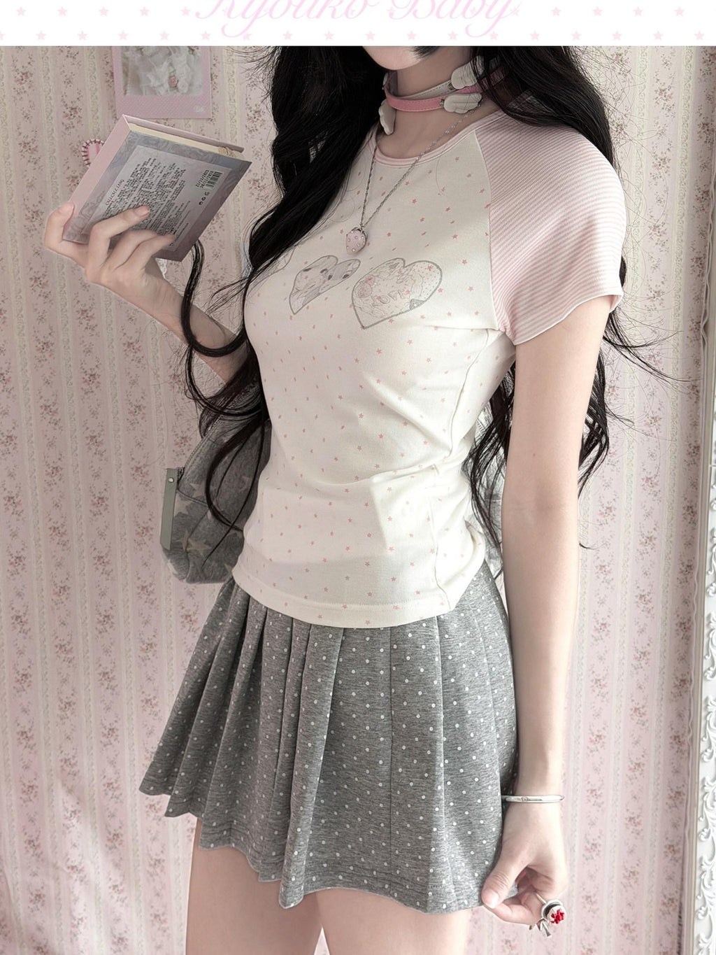 Kyouko Baby Doll Print Polka Dot Short Sleeve T Shirt Women's Matching Skirt Sets