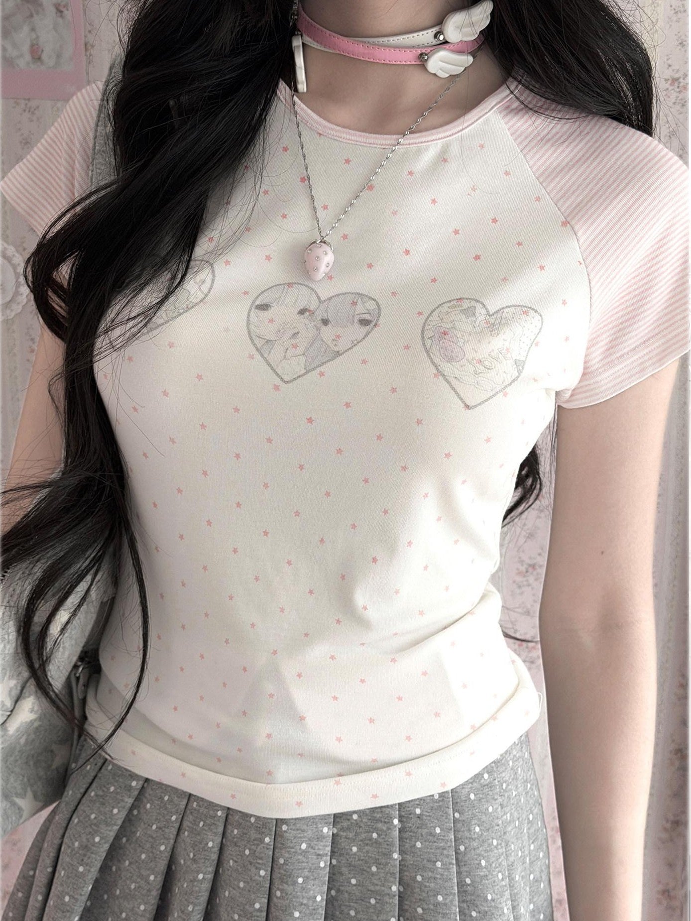 Kyouko Baby Doll Print Polka Dot Short Sleeve T Shirt Women's Matching Skirt Sets