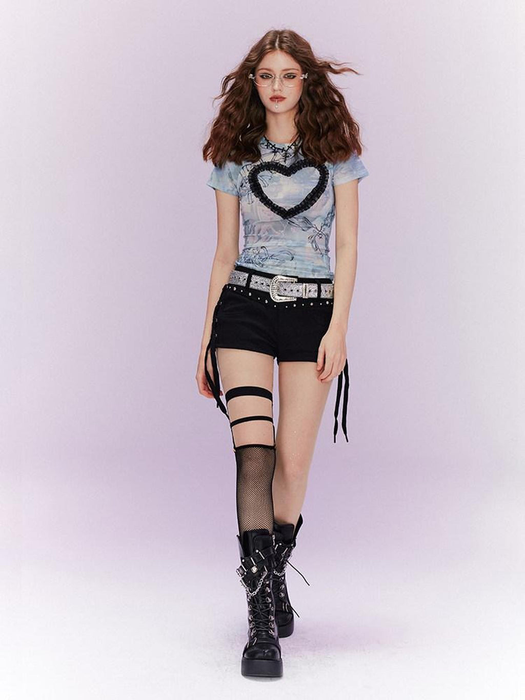 Kyouko Baby Girlish Heart Applique Mesh Short Sleeve Women's Casual Top & Shorts Sets