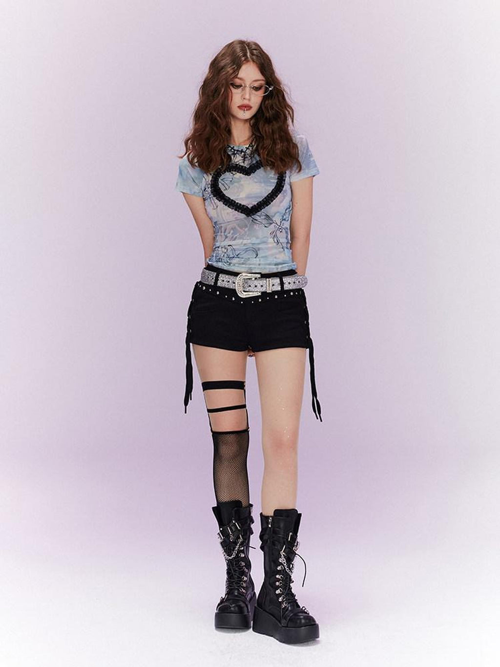 Kyouko Baby Girlish Heart Applique Mesh Short Sleeve Women's Casual Top & Shorts Sets