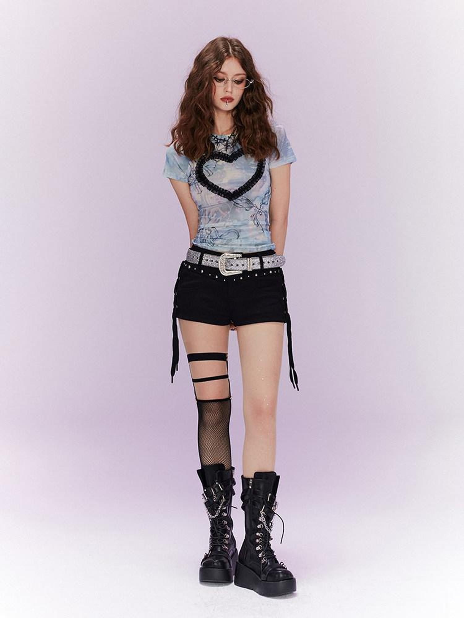 Kyouko Baby Girlish Heart Applique Mesh Short Sleeve Women's Casual Top & Shorts Sets