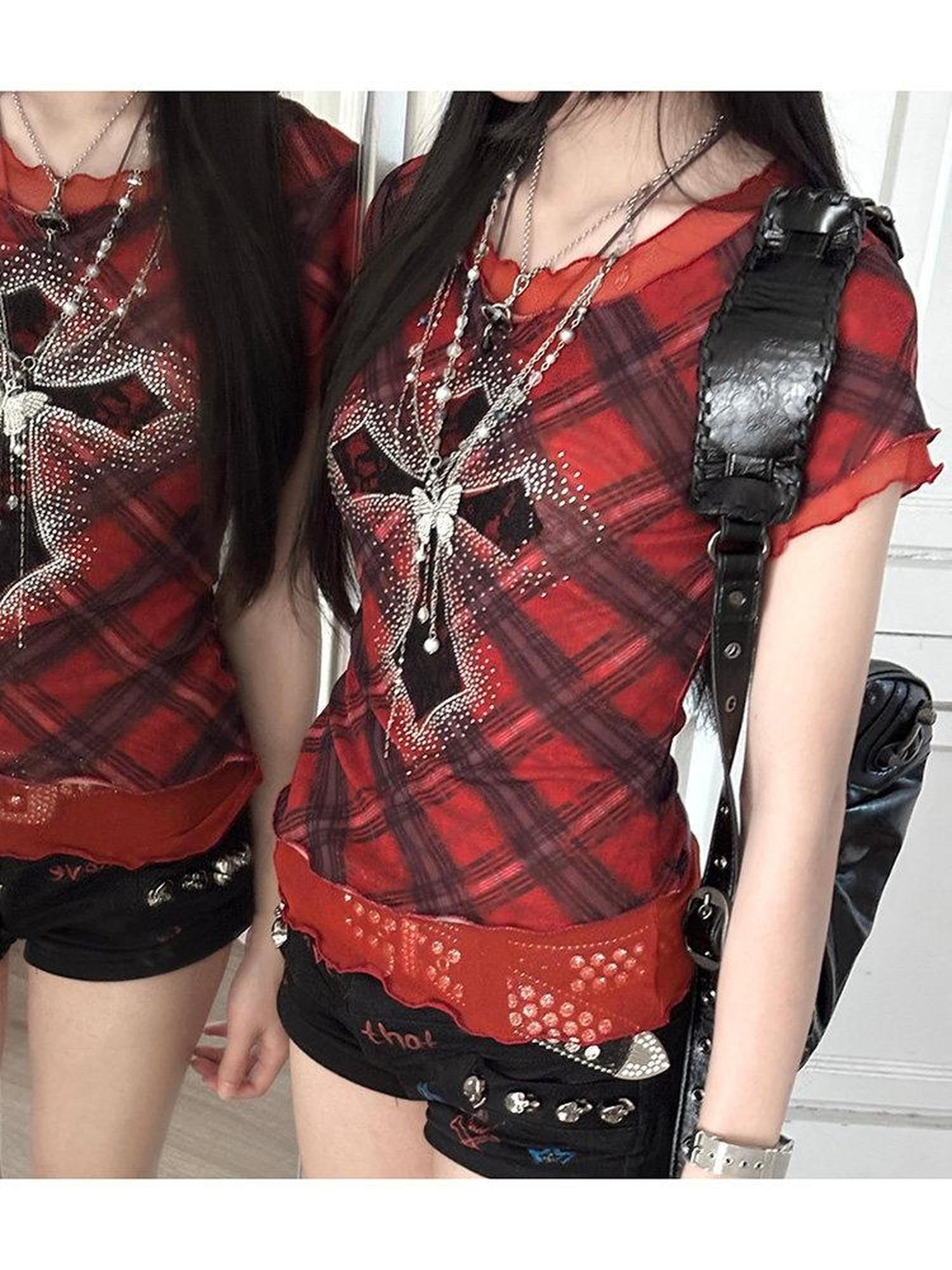 Kyouko Baby Gothic Punk Cross Rhinestone Lace Women's Mesh Short Sleeve T-shirts