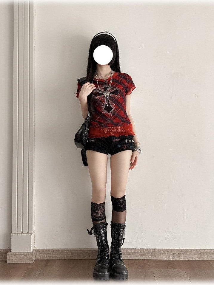 Kyouko Baby Gothic Punk Cross Rhinestone Lace Women's Mesh Short Sleeve T-shirts