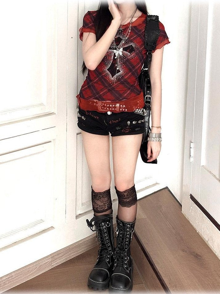 Kyouko Baby Gothic Punk Cross Rhinestone Lace Women's Mesh Short Sleeve T-shirts