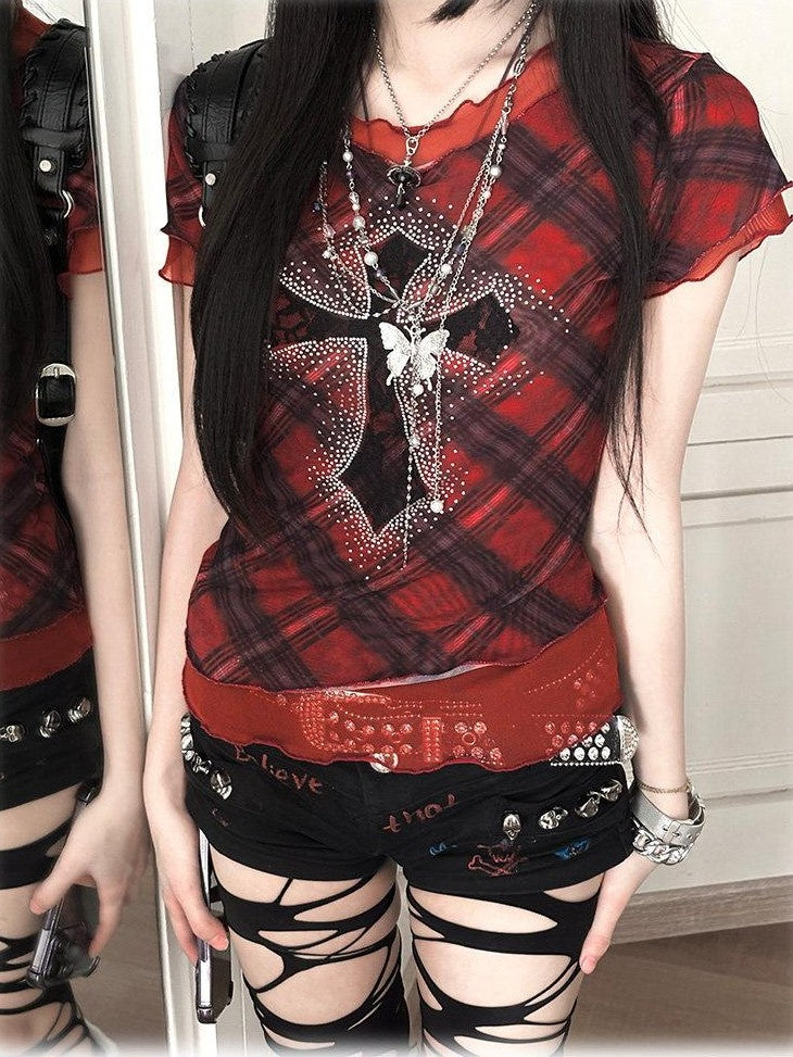 Kyouko Baby Gothic Punk Cross Rhinestone Lace Women's Mesh Short Sleeve T-shirts
