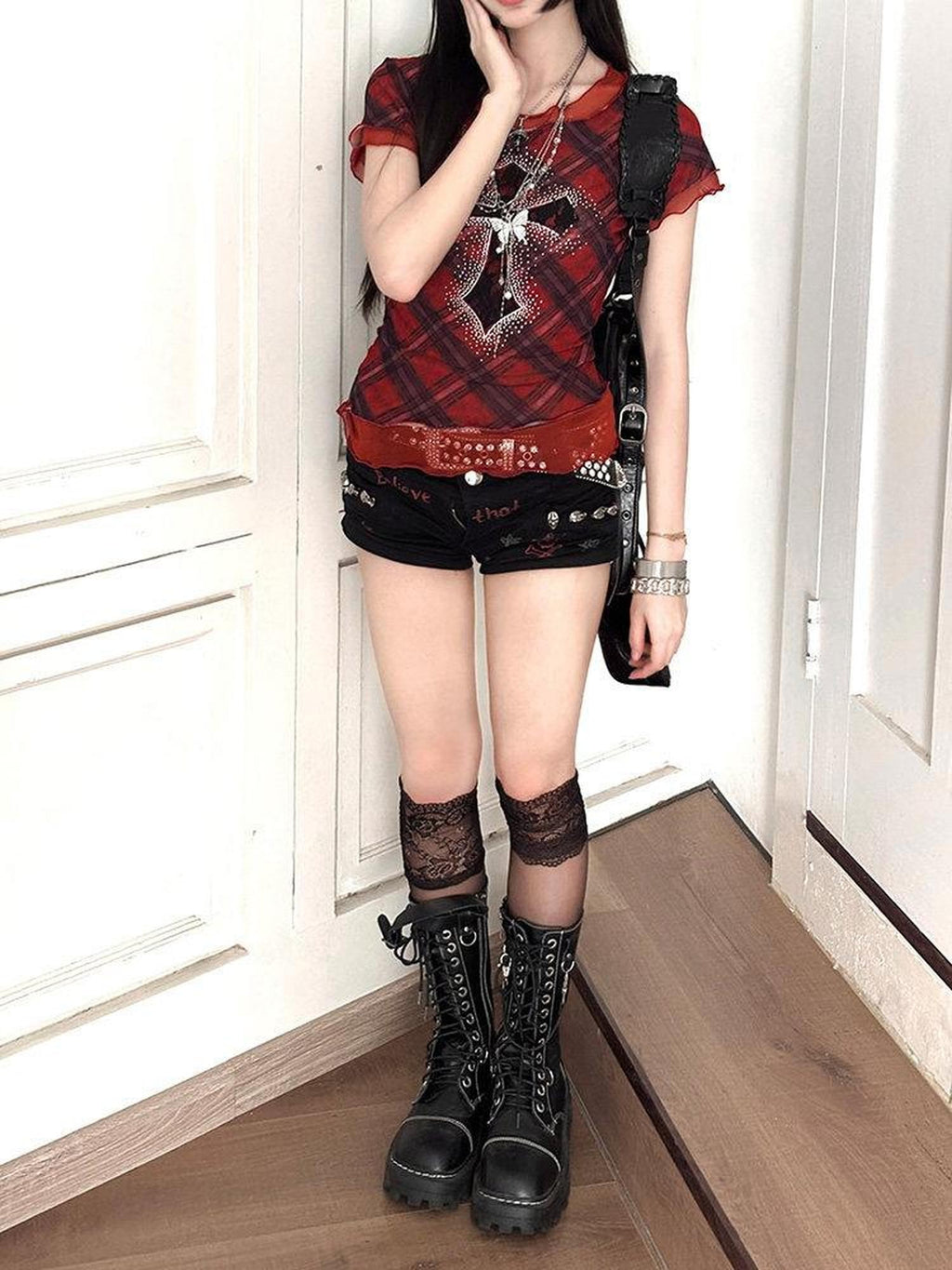 Kyouko Baby Gothic Punk Cross Rhinestone Lace Women's Mesh Short Sleeve T-shirts