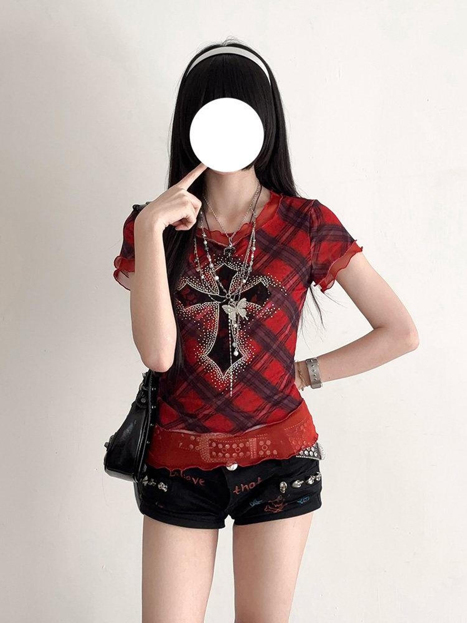 Kyouko Baby Gothic Punk Cross Rhinestone Lace Women's Mesh Short Sleeve T-shirts