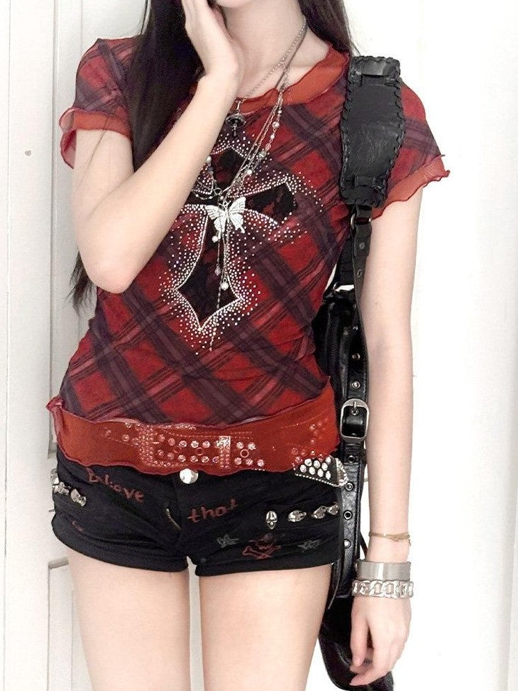 Kyouko Baby Gothic Punk Cross Rhinestone Lace Women's Mesh Short Sleeve T-shirts