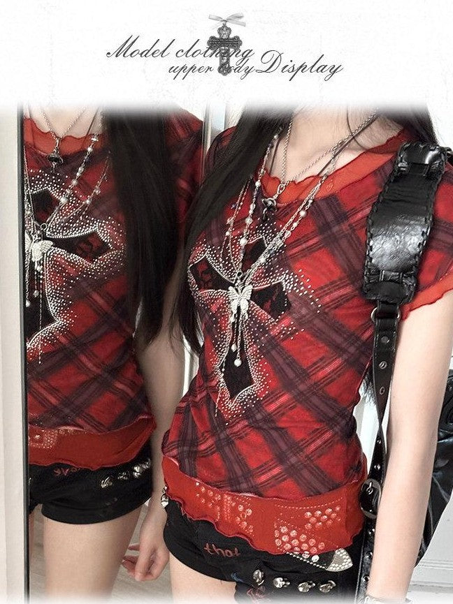 Kyouko Baby Gothic Punk Cross Rhinestone Lace Women's Mesh Short Sleeve T-shirts