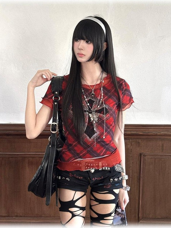 Kyouko Baby Gothic Punk Cross Rhinestone Lace Women's Mesh Short Sleeve T-shirts