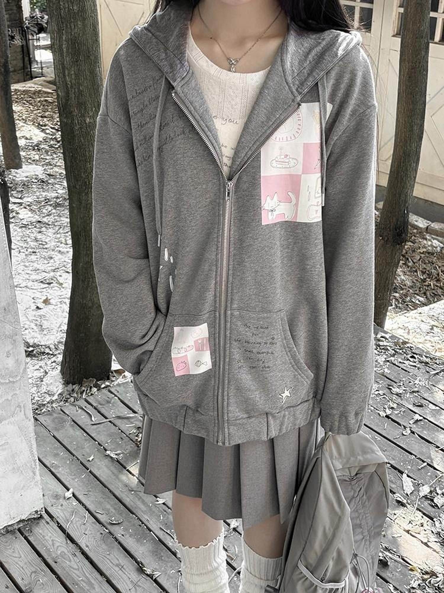 Kyouko Baby Gray Girl Aesthetic Oversized Loose Short Cropped Hem Women's Zip-up Hoodies