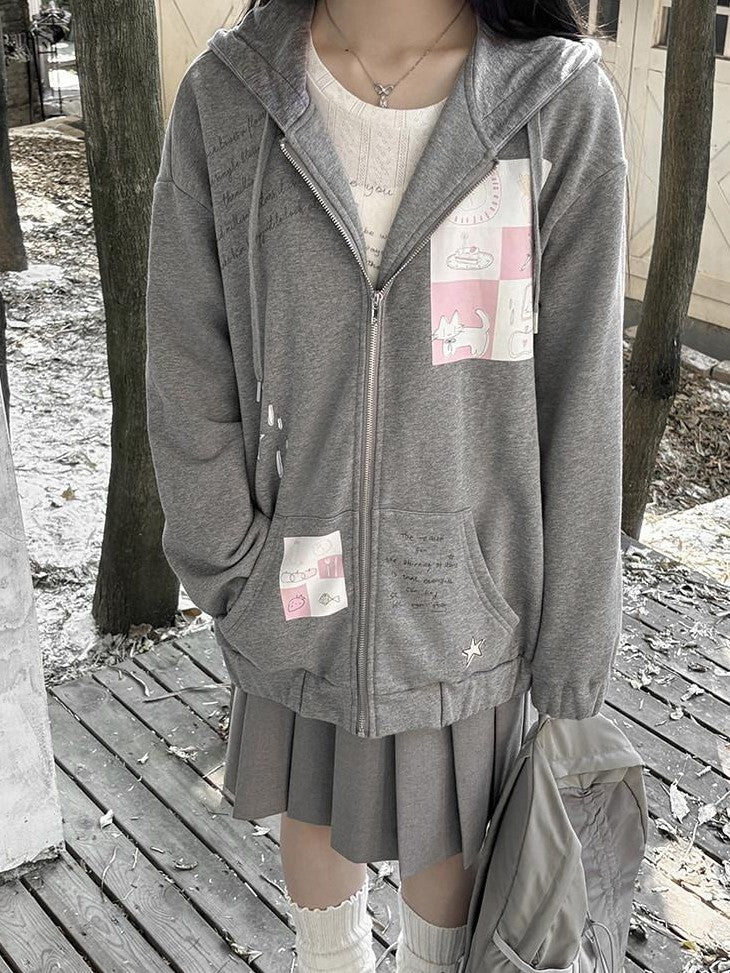 Kyouko Baby Gray Girl Aesthetic Oversized Loose Short Cropped Hem Women's Zip-up Hoodies