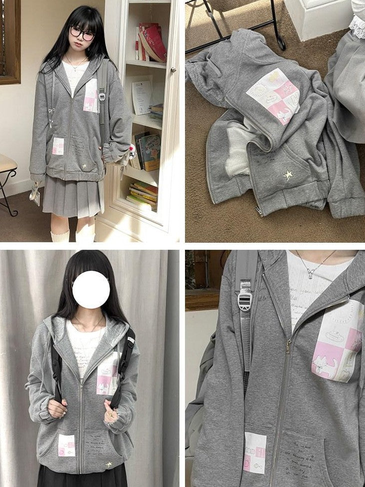 Kyouko Baby Gray Girl Aesthetic Oversized Loose Short Cropped Hem Women's Zip-up Hoodies