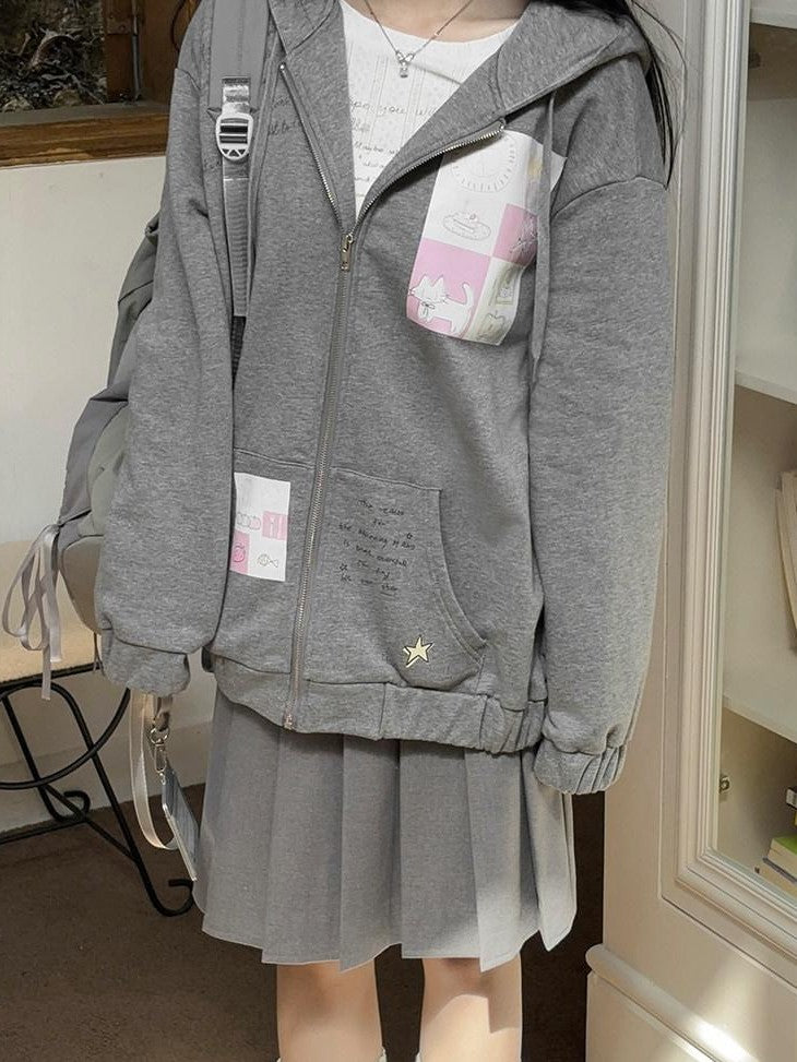 Kyouko Baby Gray Girl Aesthetic Oversized Loose Short Cropped Hem Women's Zip-up Hoodies