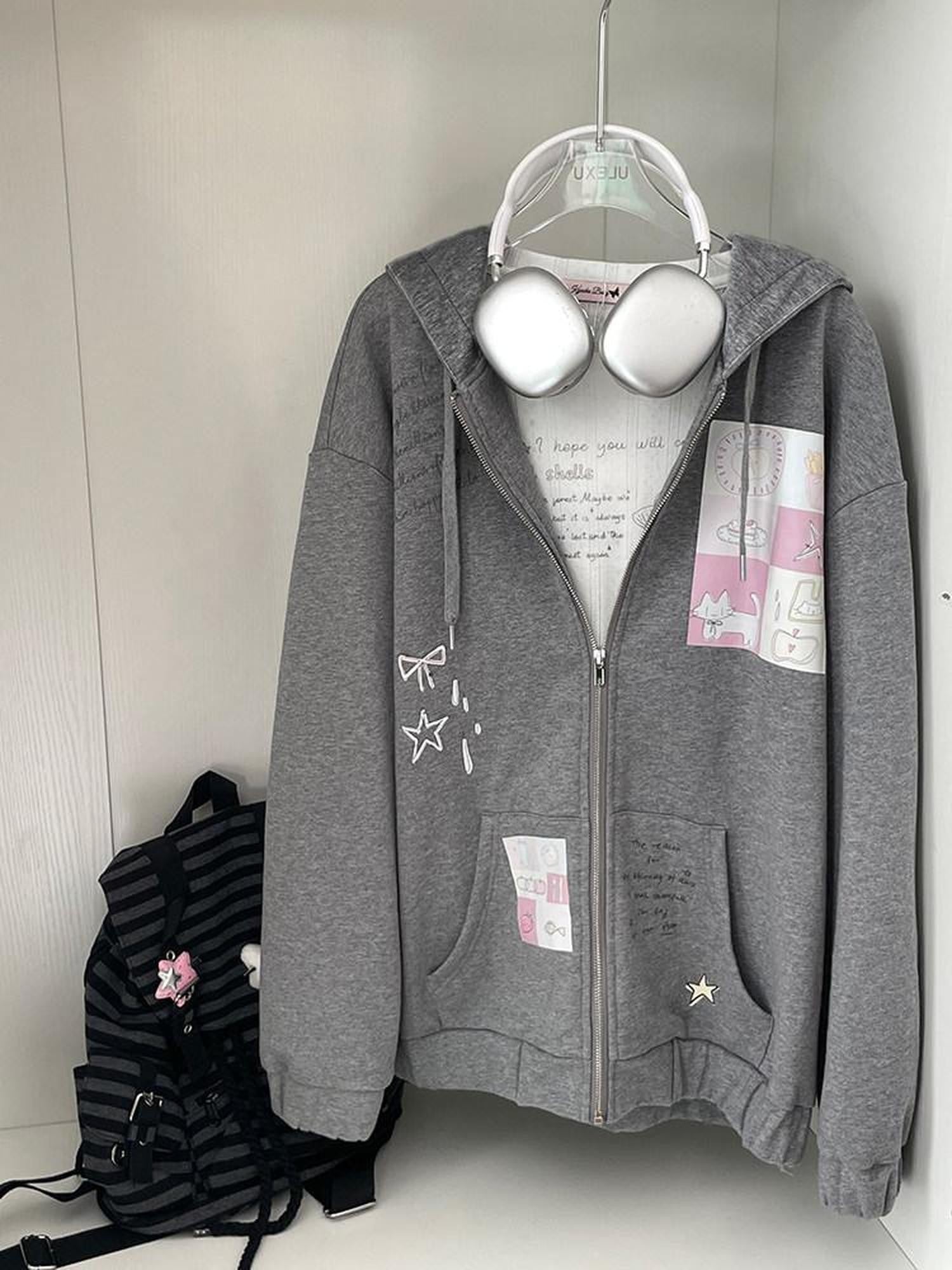 Kyouko Baby Gray Girl Aesthetic Oversized Loose Short Cropped Hem Women's Zip-up Hoodies