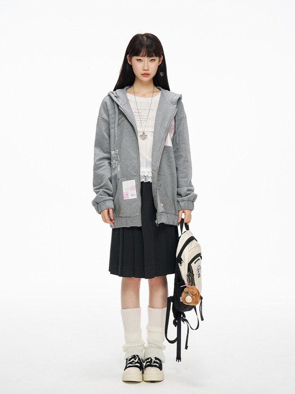 Kyouko Baby Gray Girl Aesthetic Oversized Loose Short Cropped Hem Women's Zip-up Hoodies