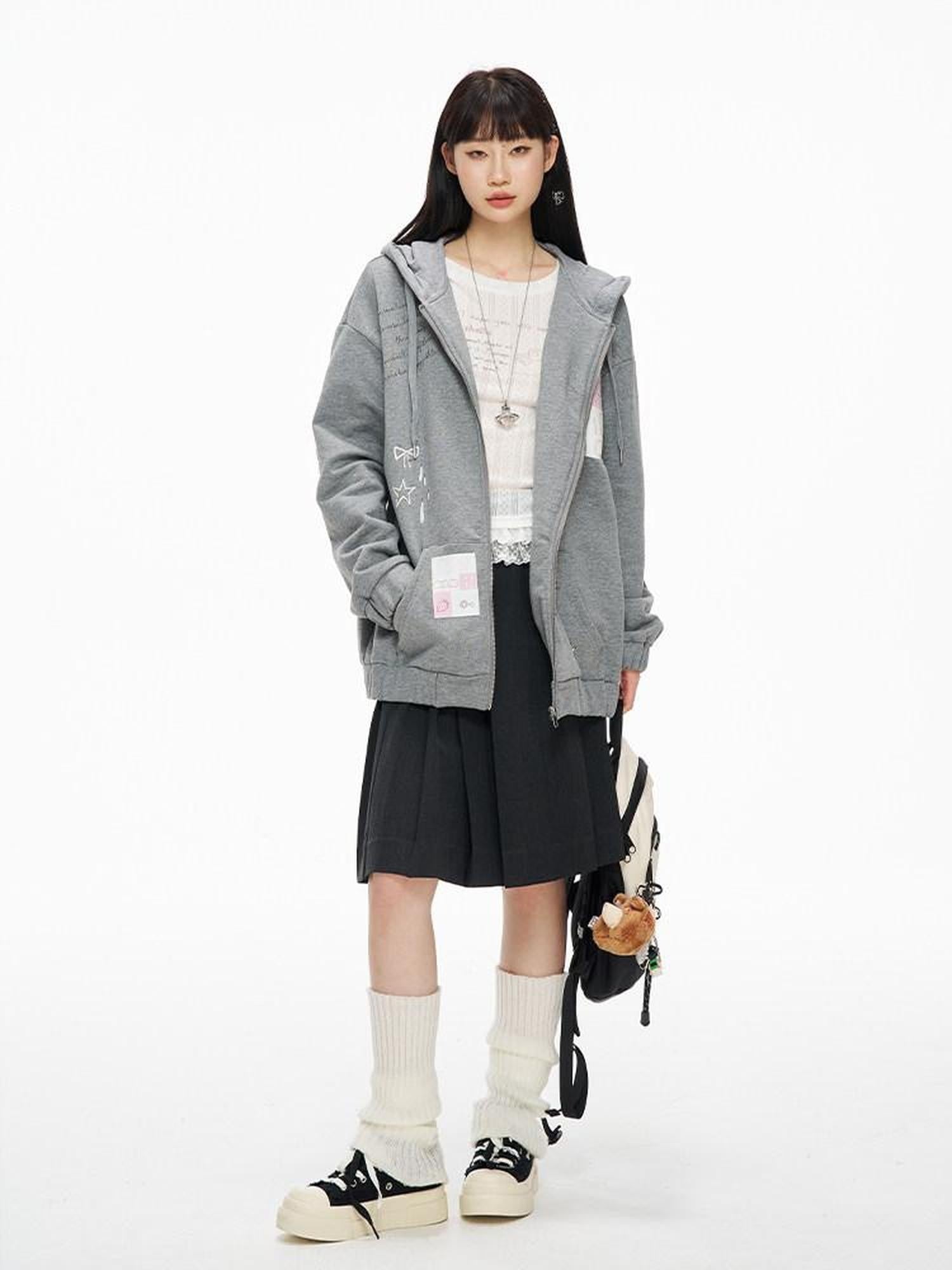 Kyouko Baby Gray Girl Aesthetic Oversized Loose Short Cropped Hem Women's Zip-up Hoodies