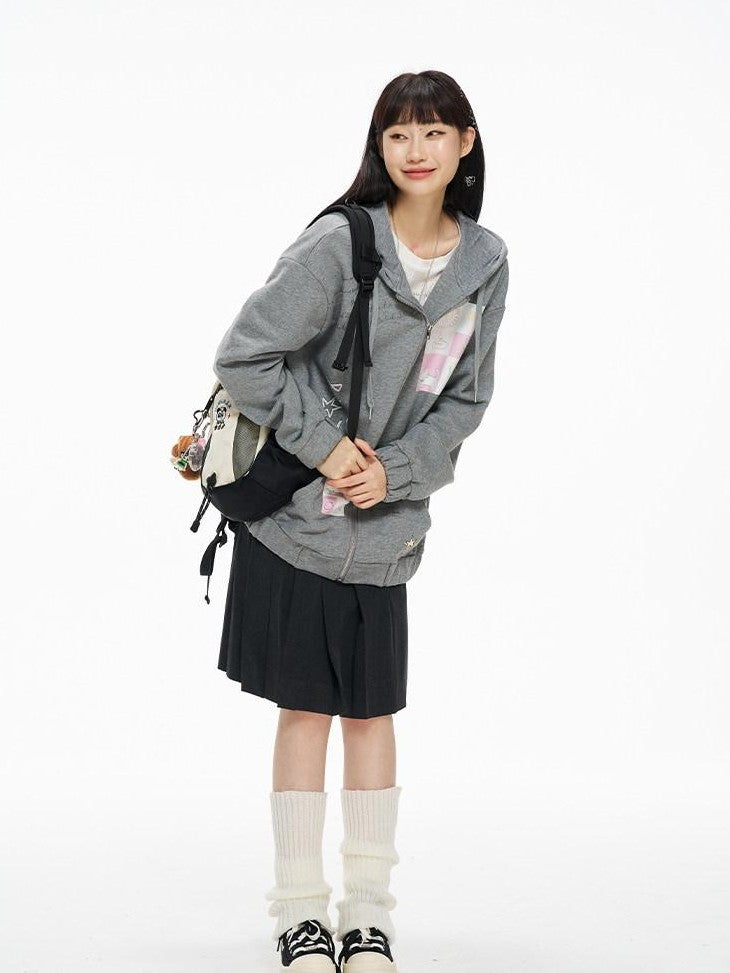 Kyouko Baby Gray Girl Aesthetic Oversized Loose Short Cropped Hem Women's Zip-up Hoodies