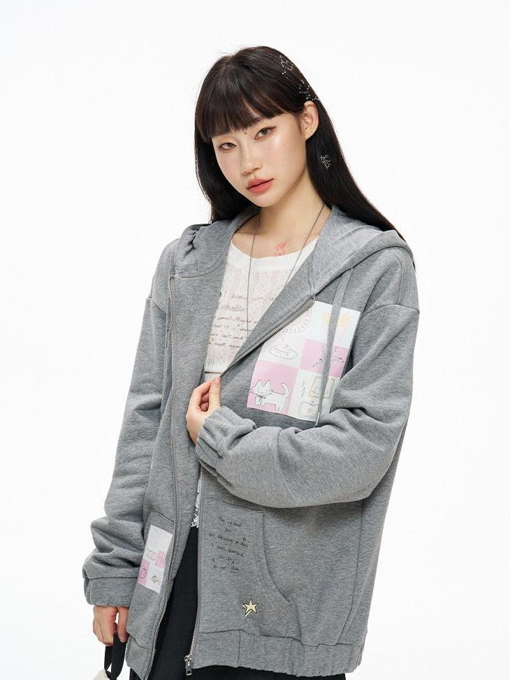 Kyouko Baby Gray Girl Aesthetic Oversized Loose Short Cropped Hem Women's Zip-up Hoodies