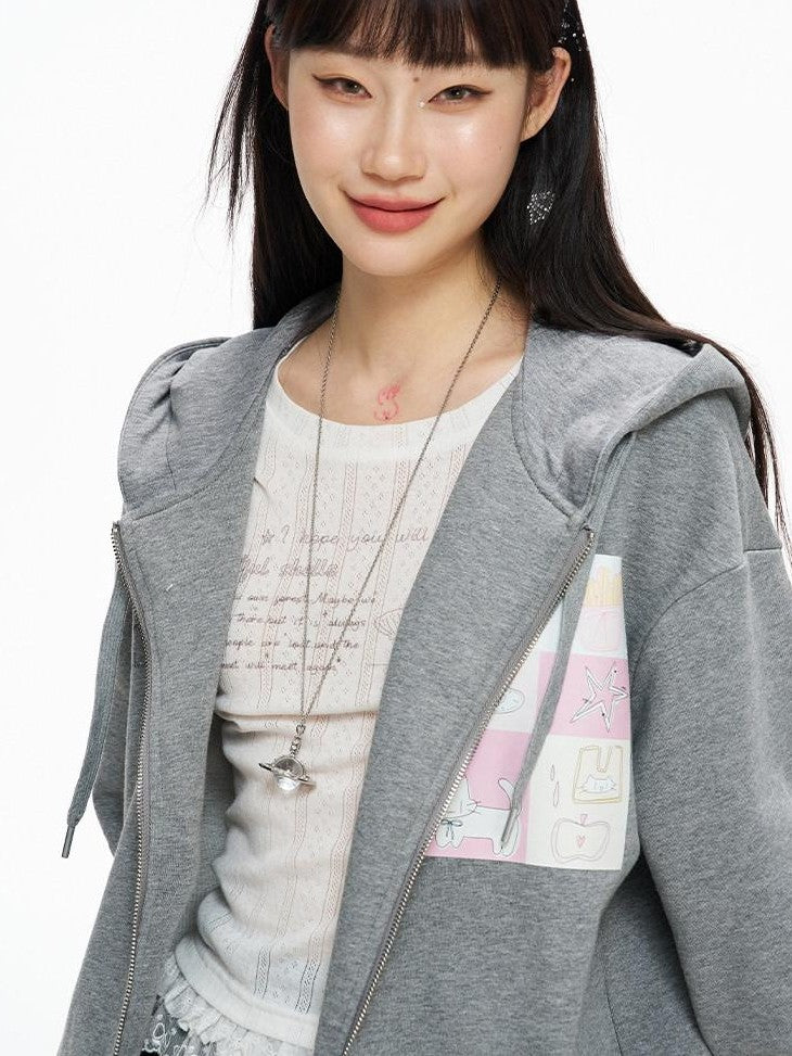 Kyouko Baby Gray Girl Aesthetic Oversized Loose Short Cropped Hem Women's Zip-up Hoodies