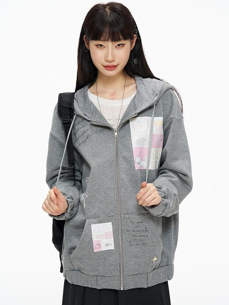 Kyouko Baby Gray Girl Aesthetic Oversized Loose Short Cropped Hem Women's Zip-up Hoodies