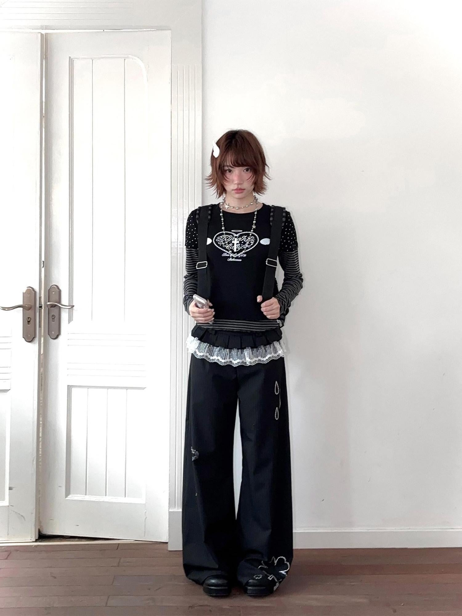 Kyouko Baby Gray Girl Raglan Sleeve Women's Long Black Pants Casual Top & Pants Sets