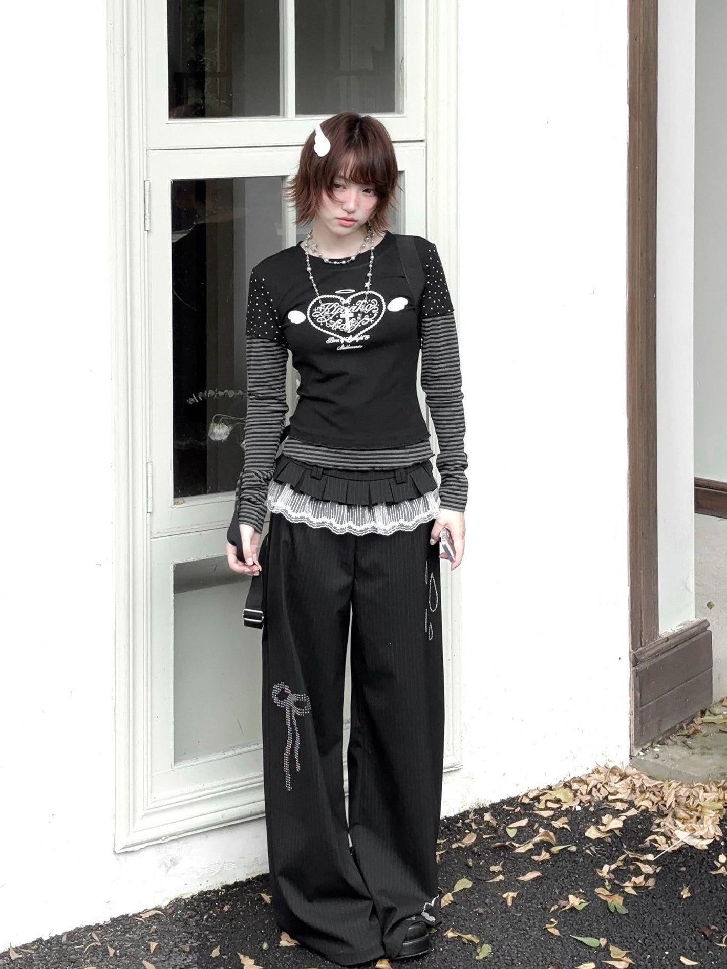 Kyouko Baby Gray Girl Raglan Sleeve Women's Long Black Pants Casual Top & Pants Sets